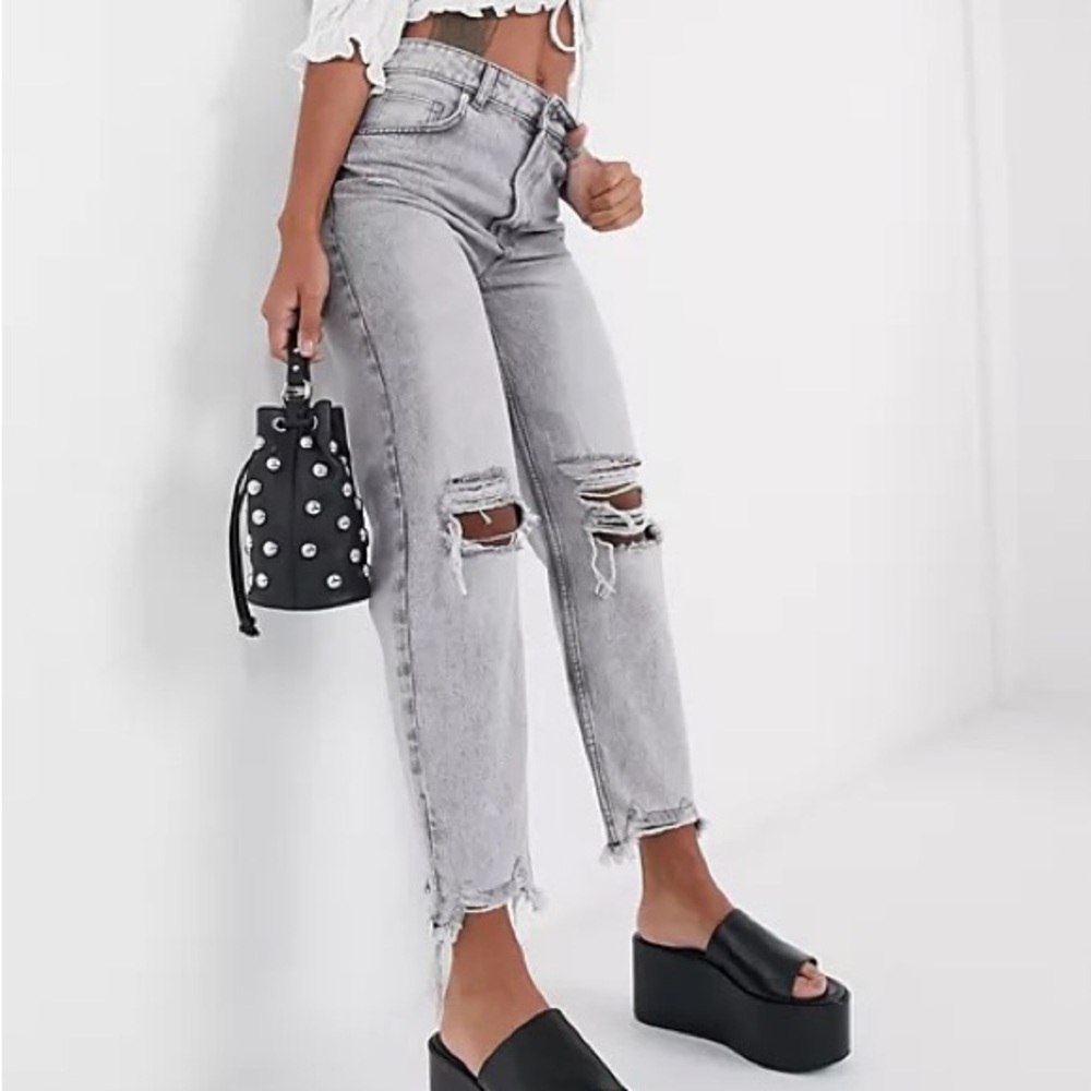 BERSHKA cotton ripped mom jeans with distressed hem in washed gray size 4